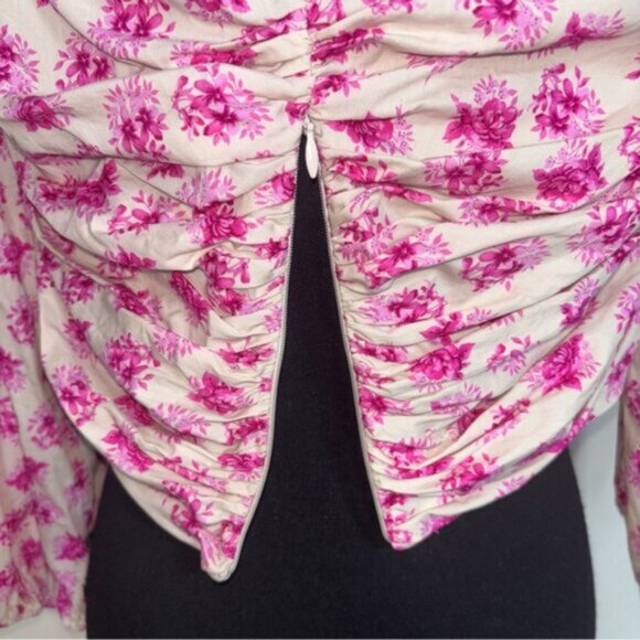 Zara Floral Pink Cream Ruched Women's XL Top On/Off Shoulder Zip Long Sleeve - Picture 7 of 10